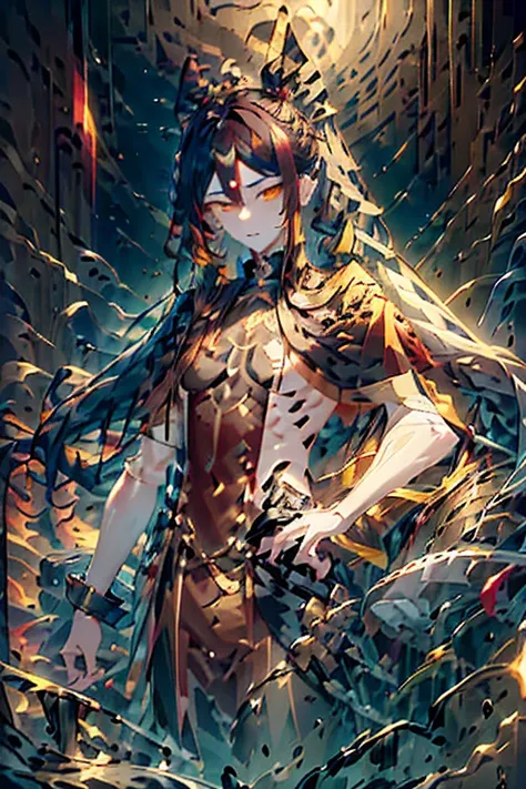 A male anime-style teenager with long black hair tied in a voluminous ponytail with several red streaks and almost golden yellow eyes wearing a long black coat having a transformation where half of his face and a bit of his neck becomes completely black an...