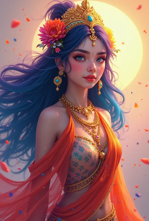 A potrait Lord radha hindu gods with colorful hair and a colorful dress, rossdraws pastel vibrant, rossdraws cartoon vibrant, style of anime4 K, a beautiful anime portrait, artgerm colorful!!!, ! Dream Artgerm, Beautiful anime girl, anime styled digital ar...