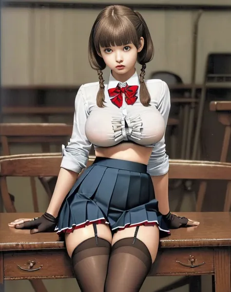 (photorealistic:1.6),(High resolution:1.6),(solo, one girl:1.5),(cool beauty:1.5),(Light brown Hair:1.3),(pigtails hairstyle:1.1),(bangs bangs),chuuChloe,(Pleat Skirt:1.5),(school uniform:1.4),(Big eyes),(old furniture),(looking at viewer:1.4),(Slender bod...