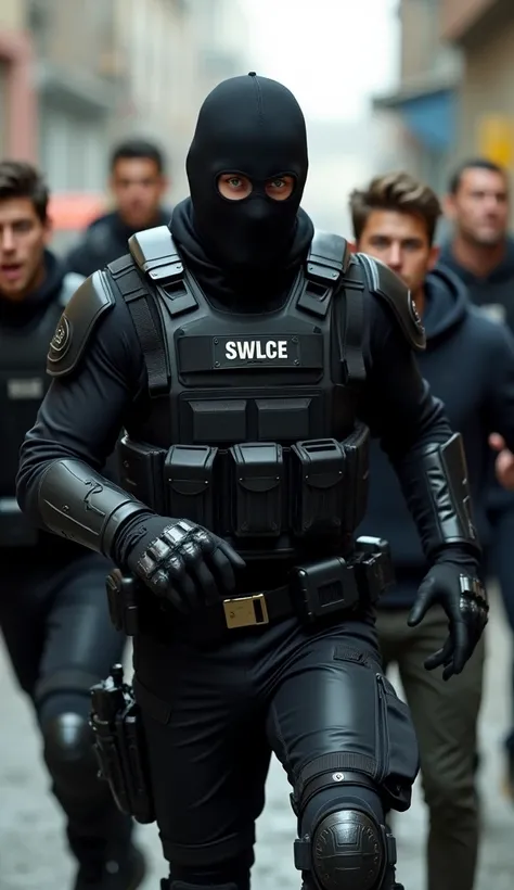 SWAT with black Balaclava and Leather Uniform forced young Men 