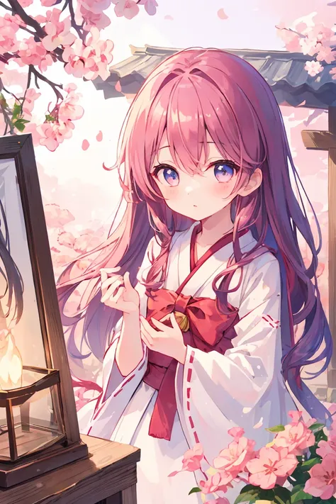 One girl、（（Eyes that are still））、​masterpiece、top-quality、shrine maiden、elementary student、pink  long  hair、shrine background、beatiful backgrounds、beautiful hairl、beautidful eyes、cute little、a very cute、Top image quality