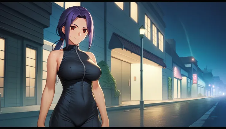 Score_9, Score_8_up, Score_7_up, One Girl,smile, Hirokazu Koyama ,Sweaty,sexy,Pixel Perfect,Large Breasts,Anatomically correct, Masterpiece Highly detailed,8k,Outdoor,night,street,building,boutique,(Fits your body,Rider Suit,Sleeveless),, Red eyes, ( Long ...