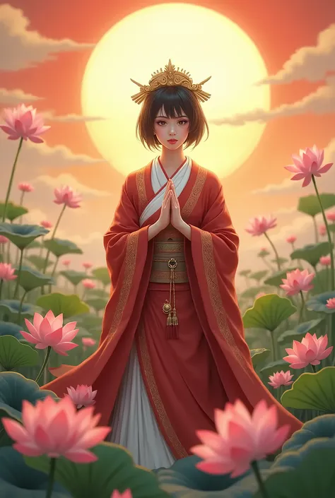 Close-up of a woman in a kimono standing in front of a lotus flower field, Amaterasu Oomikami、Shining sun in the background、Put your hands together in front of your chest、Red and white and gold kimono、Gold decoration on head、Short Hair、Black Hair、Adult wom...