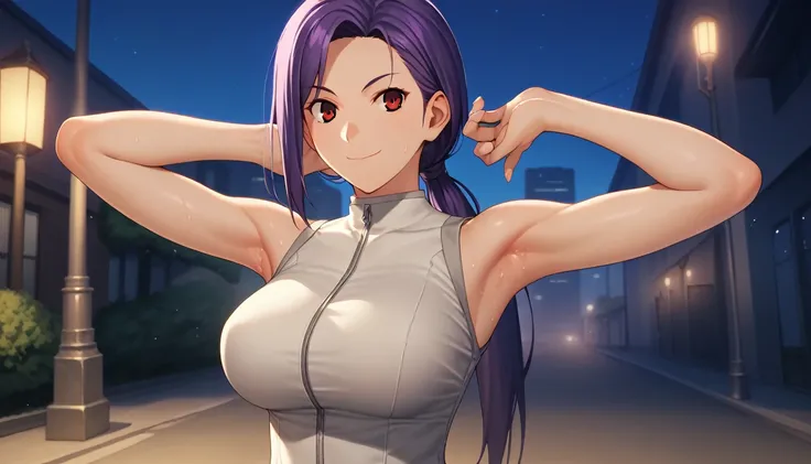 Score_9, Score_8_up, Score_7_up, One Girl,smile, Hirokazu Koyama ,Sweaty,sexy,Pixel Perfect,Large Breasts,Anatomically correct, Masterpiece Highly detailed,8k,Outdoor,night,street,building,boutique,(Fits your body,Rider Suit,Sleeveless),, Red eyes, ( Long ...