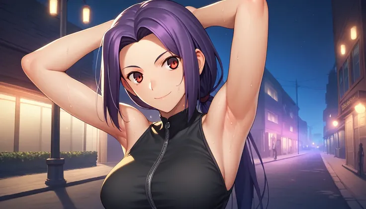 Score_9, Score_8_up, Score_7_up, One Girl,smile, Hirokazu Koyama ,Sweaty,sexy,Pixel Perfect,Large Breasts,Anatomically correct, Masterpiece Highly detailed,8k,Outdoor,night,street,building,boutique,(Fits your body,Rider Suit,Sleeveless),, Red eyes, ( Long ...