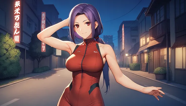 Score_9, Score_8_up, Score_7_up, One Girl,smile, Hirokazu Koyama ,Sweaty,sexy,Pixel Perfect,Large Breasts,Anatomically correct, Masterpiece Highly detailed,8k,Outdoor,night,street,building,boutique,(Fits your body,Rider Suit,Sleeveless),, Red eyes, ( Long ...