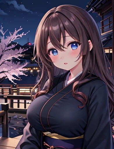 anime、1 female、Lower corner、whole body、Long brown hair、Curly Hair、blue eyes、Thick lips、Well-groomed face、Blue knitted clothes、Black coat、Black shorts、Beautiful breasts、cherry blossoms、Kyoto cityscape、night、masterpiece、Ultra-high resolution、delicate、16k、Per...