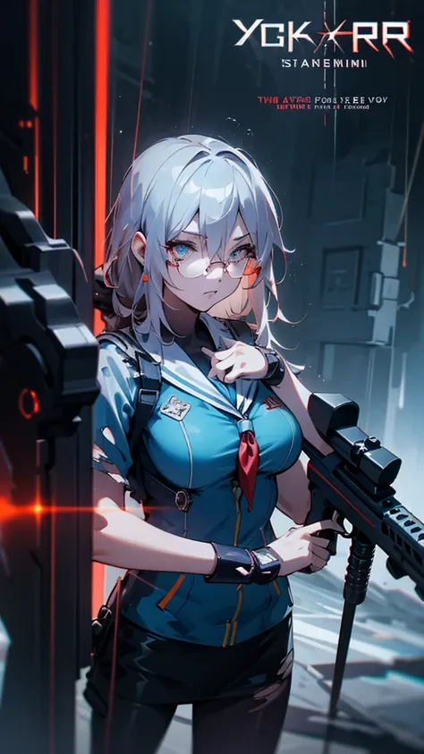 silver haired girl,((yuki izumi))((large breasts:1.0)),red glasses,prone position,looking through a sniper scope,sighting gun,ta...