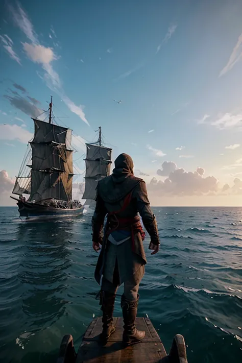 A man wearing clothes resembling the movie Assassins Creed stands on a boat in the middle of the sea, looking at a giant wall in front of him that blocks the horizon 