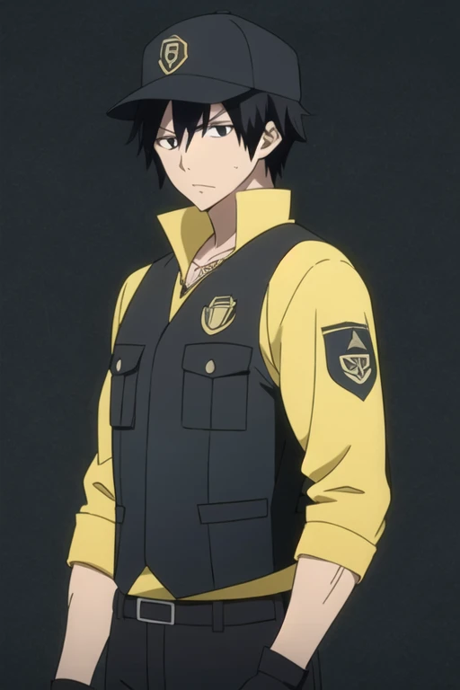 masterpiece, best quality, illustration, 1boy, solo, male focus, looking at viewer, upper body, depth of field, gray_fullbuster, black hair, black eyes, muscular body, spiked hair,  badges, (black uniform), long-sleeves, (bulletproof vest), utility belt, b...