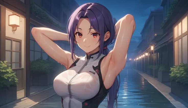 Score_9, Score_8_up, Score_7_up, One Girl,smile, Hirokazu Koyama ,Sweaty,sexy,Pixel Perfect,Large Breasts,Anatomically correct, Masterpiece Highly detailed,8k,Outdoor,night,street,building,boutique,(Fits your body,Rider Suit,Sleeveless),, Red eyes, ( Long ...