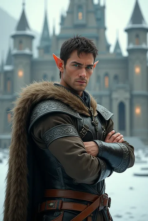 An elf man, long elf ears, very handsome, athletic, mature face, masculine face, closed expression, detailed bright green eyes, short hair, straight hair, brown hair, brown and black leather elven battle dress with engraved steel reinforcements and a long ...