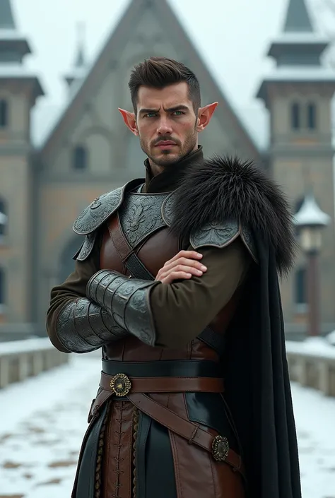 An elf man, long elf ears, very handsome, athletic, mature face, masculine face, closed expression, detailed bright green eyes, short hair, straight hair, brown hair, brown and black leather elven battle dress with engraved steel reinforcements and a long ...