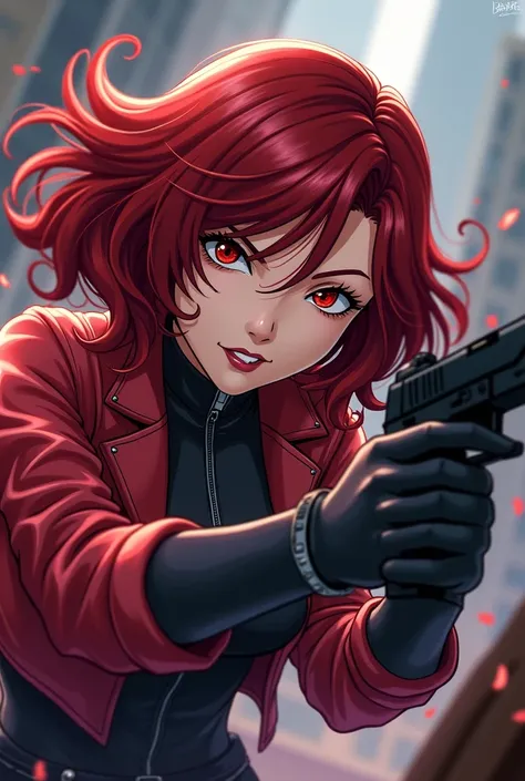 From Marvel Black Widow Pulling Out Black Hair Sassy My Villain In Infinity Anime Style Red Jacket Zip With Gun Fighting 