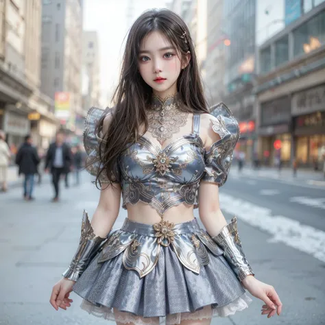 One young beautiful girl。Fair skin、round face、cute。She has a great figure and long, slender legs.。The background is a hill covered with fantastic white Phalaenopsis orchids.、A rainbow appears。Goth Off Shoulder、Off West、Dark blue fabric、Intricate gold decor...