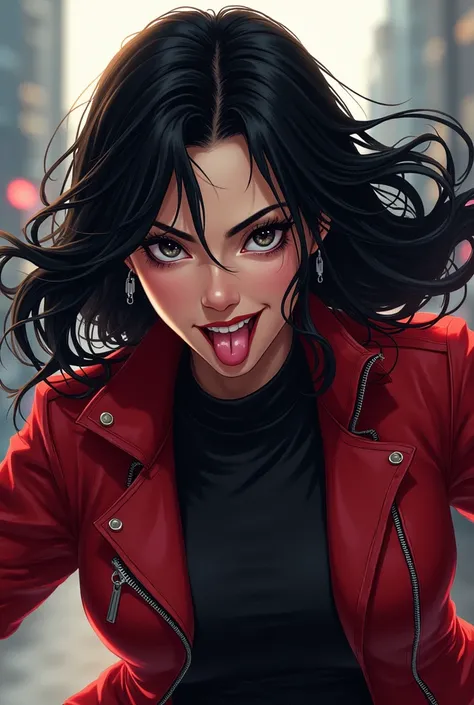 From Marvel Black Widow Black Hair Sticking Out Tongue Pull Black Hair Sassy My Villain In Infinity Anime Style Red Jacket Zipper With Battle Weapon 