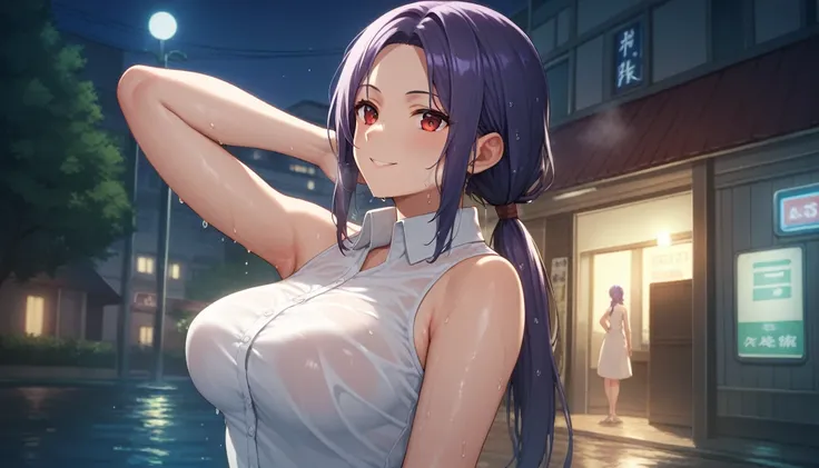 Score_9, Score_8_up, Score_7_up, One Girl,smile, Hirokazu Koyama ,Sweaty,sexy,Pixel Perfect,Large Breasts,Anatomically correct, Masterpiece Highly detailed,8k,Outdoor,night,street,building,boutique,(Fits your body,White rider suit,Sleeveless),, Red eyes, (...