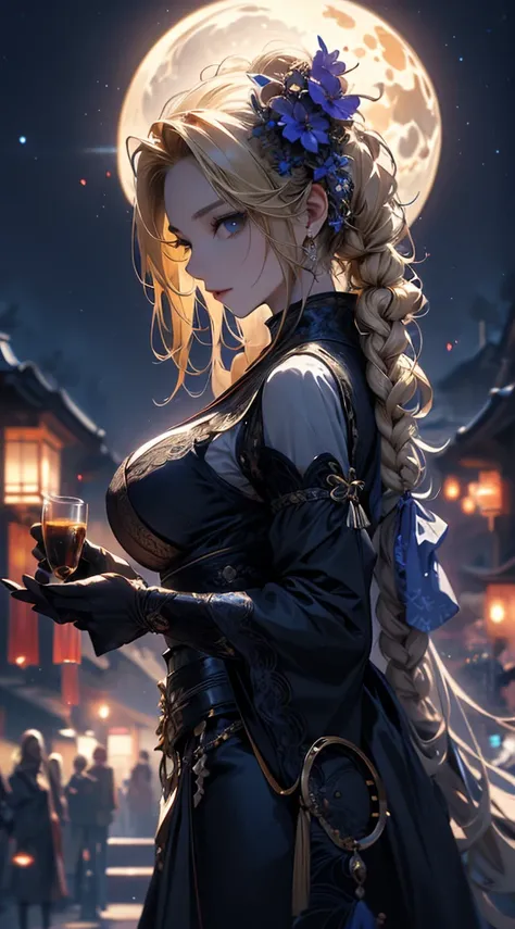 masterpiece high quality, 4K, Beautiful design, silhouette，blonde， 非常に詳細な夜のStarry Sky,Beautiful gardens, Subtle details,  Very knowledgeable woman, Highly detailed solo female,Big Breasts，Gothic Fashion，Night view，Starry Sky，full moon，