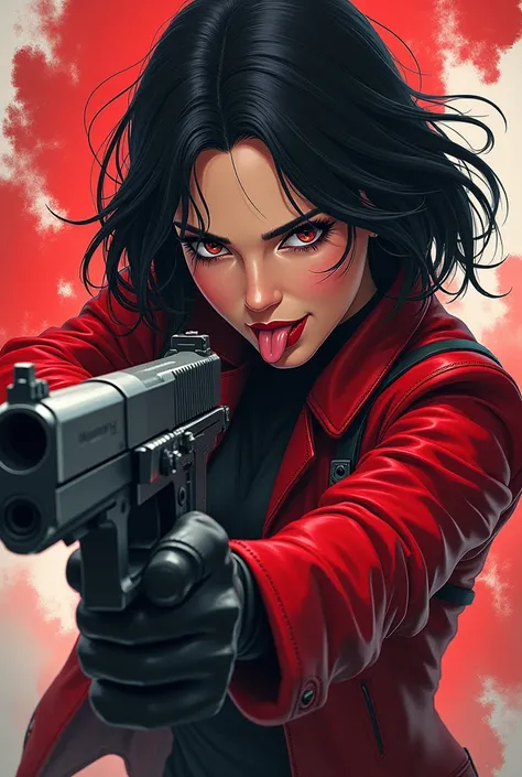 From Marvel Black Widow With GunFighting, black hair, tongue hanging out, black hair, cheeky villain in Infinity anime style, red jacket zip with combat weapon 