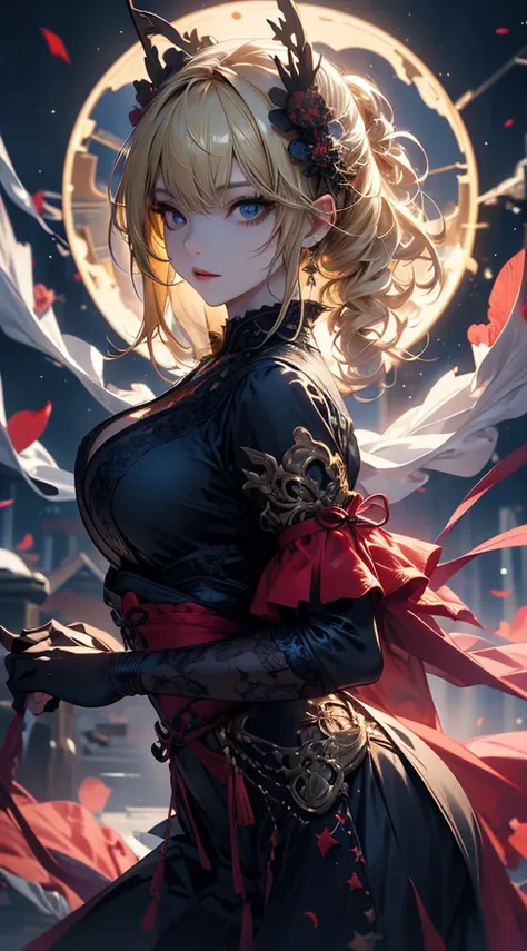 masterpiece high quality, 4K, Beautiful design, silhouette，blonde， 非常に詳細な夜のStarry Sky,Beautiful gardens, Subtle details,  Very knowledgeable woman, Highly detailed solo female,Big Breasts，Red frill gothic fashion，Night view，Starry Sky，full moon，