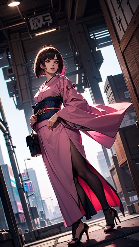 ((Dramatic angle)), Cyberpunk ,brown bob hair , pink highheel,japanese kimono