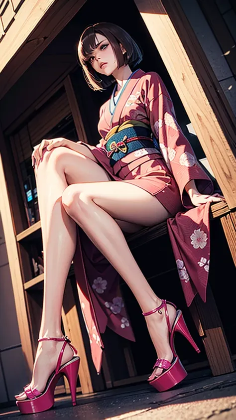 ((Dramatic angle)), Cyberpunk ,brown bob hair , pink highheel,japanese kimono