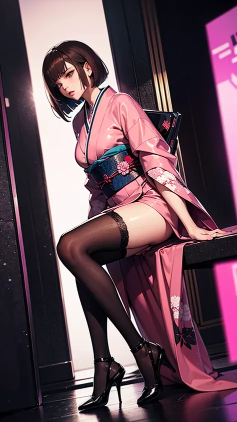 ((Dramatic angle)), Cyberpunk ,brown bob hair , pink highheel,japanese kimono