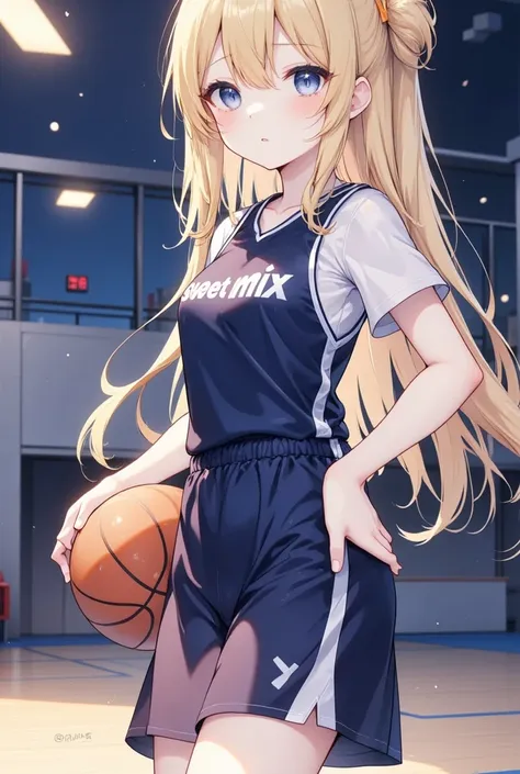 japanese anime, one girl, solo, night , sweethoney mix,basketball,basketball uniform,gym,in the gym,room,holding a basketball,in...