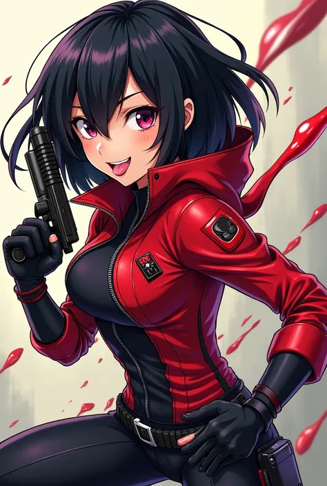 From Marvel In Infinity Anime Style Black Widow Black Hair Sticking Out Tongue Fighting With Gun And With Slime Naughty My Evil Red Jacket Black Zip 