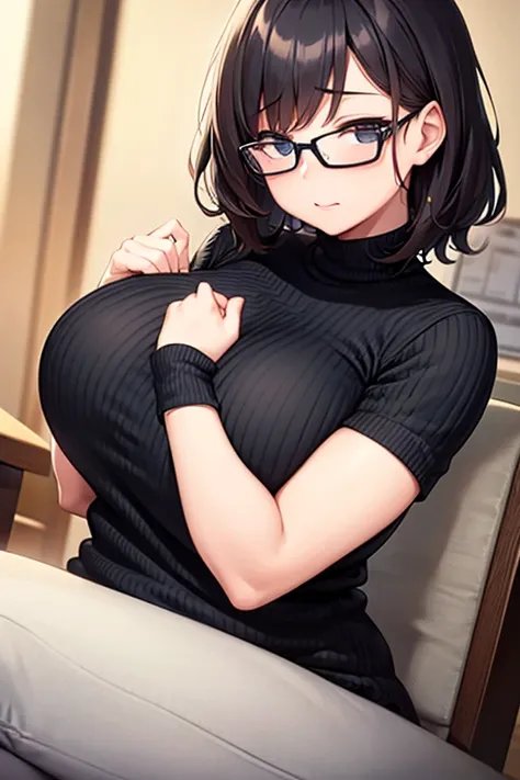 Chubby busty woman with glasses、40 years old over、Simple short black hair、Sleeveless turtleneck sweater、Family Restaurant、sit facing each other in a box seat、When someone makes an embarrassing request, She opened her eyes in surprise、Blushed、Alone、High res...