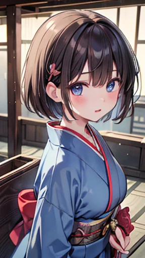 ((Best Quality, 8k, masterpiece: 1.3)), Highly detailed face and skin textures, Detailed eyes, Traditional Japanese Kimono, Blue Kimono, Long-sleeved kimono, Brown Hair, short hair, Hairpin, From above, At a shrine in Kyoto,Large Breasts、