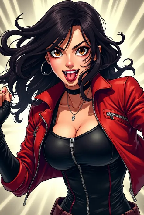 From Marvel In Infinity Anime Style Black Widow Black Hair Sticking Out Tongue Fighting With Weapon And With Slime Naughty My Evil Red Jacket Zip 