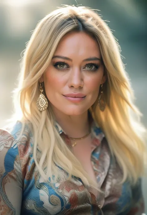 HilaryDuff,A close-up portrait of a young beautiful (Scottish | French | Spanish | Iraqi ) girl, soft natural skin, long layered bob hair style, slim with curves, Persian Paisley shirt, beautiful diamond necklaces and rings, highly details, soft lighting, ...