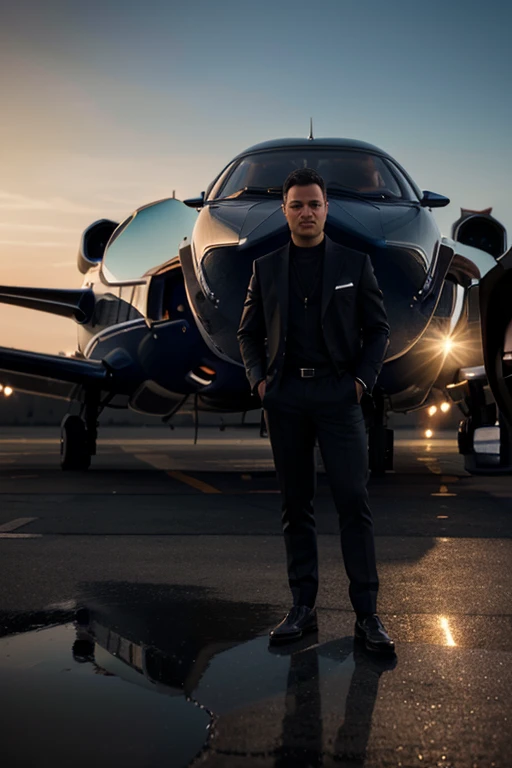 A man standing in front of a private jet, a Bugatti car in the background, highly detailed, photorealistic, 8k, ultra-detailed, hyperrealistic, cinematic lighting, dramatic composition, intricate details, glossy reflections, warm color tones