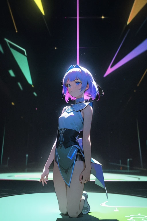 pretty girl, Alone, Charming art creator, Very dark venue, break (Inserting comments, Backlit characters"Raki"write), Vivid neon glow, Soft holographic glow, Blake: A Very Dark and Quiet Universe, Dramatic spotlight, A lively crowd, A performance celebrati...