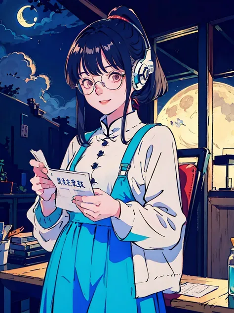 anime　girl　Black Hair　Glasses　focus　smile　Studying at a desk　Headphones　ponytail　night景がきれいな部屋　 night　The moon is big　Flashy clothes