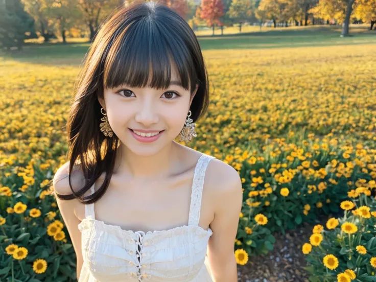 ((Masterpiece)), 8k, Masterpiece, Best Quality, One Girl, Solo, Realistic, Autumn Pavement, Photorealistic, Super Detailed, Detailed Background, (Solo: 1.4), Wearing a White Cute Dress, Happy facial expression, slender body, highly realistic detailed shoul...