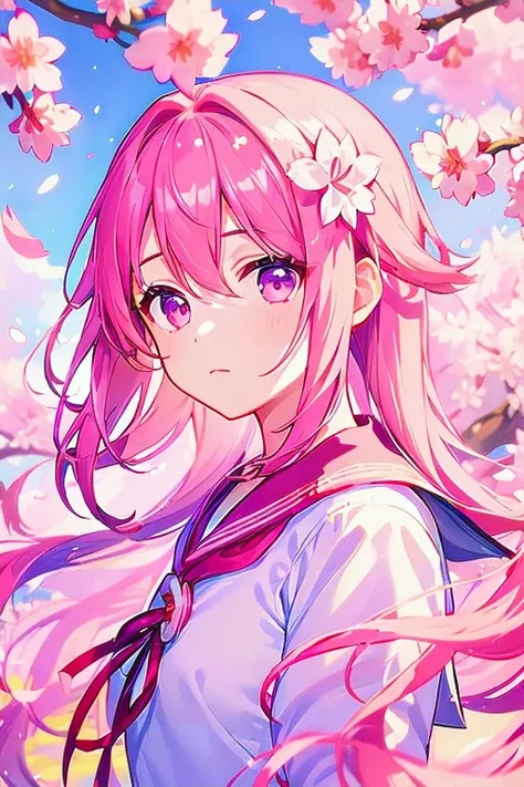 master peace, 1girl, solo, hair between eyes, closed mouth, standing, flower, outdoors, sky, cloud, tree, petals, floating hair, cherry blossoms, pink flower, (sailor suit), (((face focus))), (((looking at another))), (sakura effect:1.4), pink long hair