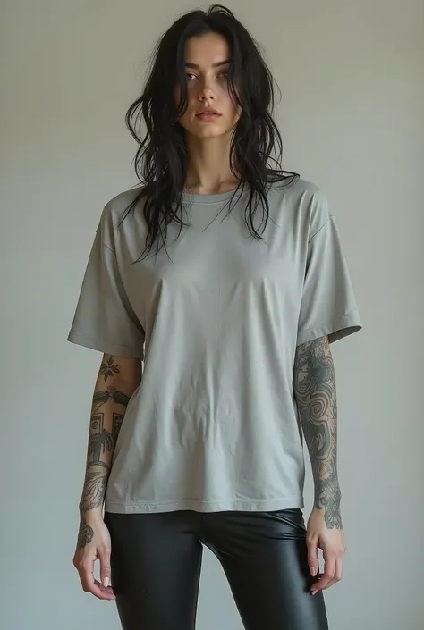 a woman with tattoos on her arms and legs wearing a grey shirtand shots legging, gray shirt, light grey, solid grey, wet t-shirt, short sleeves, shot legging, a tshirt. blender art, hopeless grey, flat grey, wet tshirt, wet t shirt, artist wearing dirty, a...