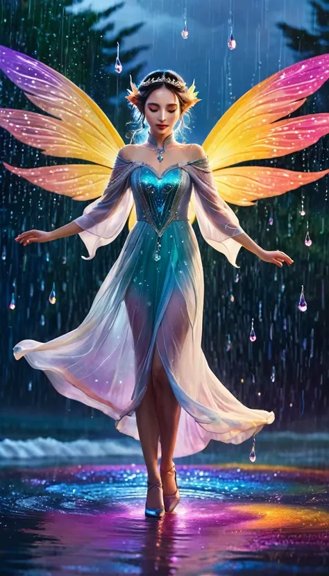 

**title:** IN THE RAINDROP THE MELODY AWAKENS

**visualization:** 

Create a magical and colorful cover image, that captures the essence of the song. In the foreground should be a beautiful queen with shining eyes, that shines in the moonlight. Raindrops...