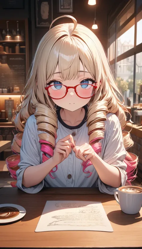 woman,, View your viewers, Long Hair, Ahoge,、blonde, Drill Hair, blue eyes, Slanted Eyes, 黒いwoman用ビジネススーツ, Green, Red frame glasses、Touching glasses、There is coffee on the table、sit behind the table、Background inside a coffee shop, Upper Body、Speedy Shot, ...