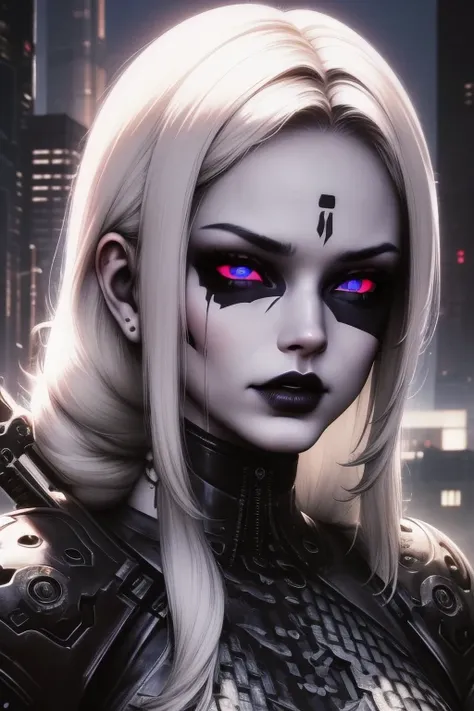 beautiful woman wearing black pajamas, weilding big sword "dark theme :: closeup face focus, ultra realistic futuristic cyberpun...