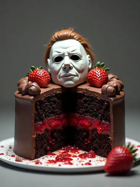 a picture of a chocolate cake cut in half. on top of the cake the mask of Michael Myers from the movie Halloween. inside the cake, un couli de fraise.