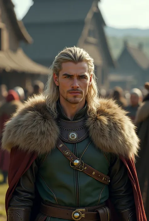 A man, very handsome, elegant, slim, white skin, gentle face, medium length hair, wavy hair, blond hair, bright white eyes, smiling expression, beautiful smile, brown and green Viking warrior outfit with gold wire decorations and a long fur cape, thin silv...