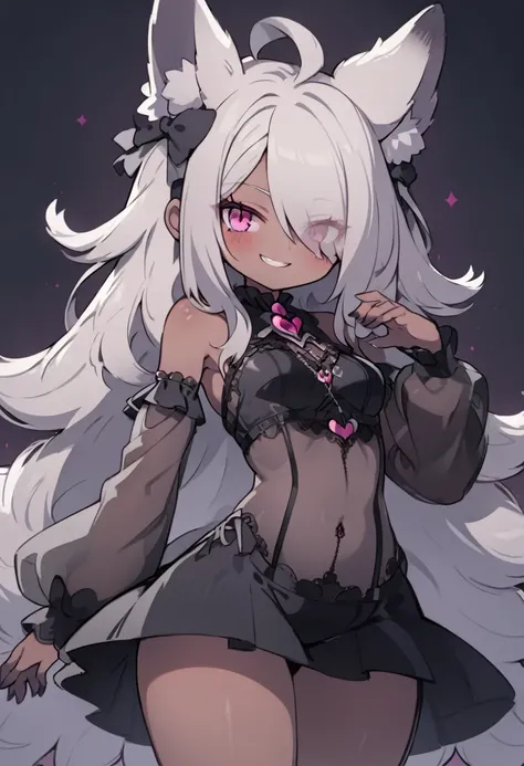 (darkskin:1.2),put hand stomach,small breasts,(big butt:1.2),(Alone:1.3),(male:1.1),parted bangs,animegirl,(curvy),(see through gothic lolita:1.2),pink eyes,eyes visible through hair, grey hair, hair over one eye, smirk, jitome, detailed fox ears,color,