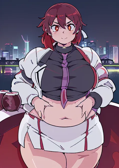 ((best quality, 4k, 8k, anime girl, masterpiece)), ((((beautiful extremely detailed face)))), (((beautiful eyes, red eyes))), cinematic lighting, ((perfect anatomy, perfect hands)), (((chubby, SSBBW, huge breasts,tall, thick legs, (beer belly, bulging bell...