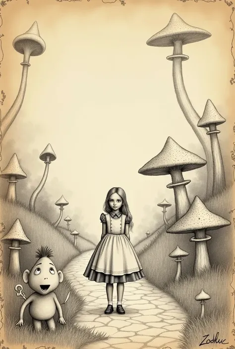 Alice in Wonderland　An old image that looks like it was drawn by a child hundreds of years ago　Pencil drawing on parchment