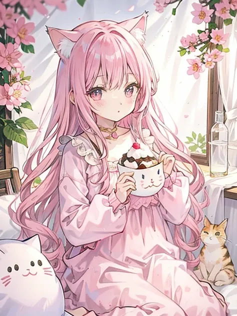 cat-shaped pudding,🌸,pink long hair