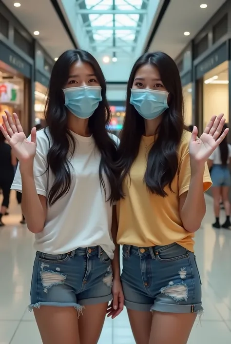 a beautiful detailed 2 Filipina girls, 20s, full body portrait, realistic, photorealistic, long dark hair, brown eyes, blue face mask, face shield, short sleeve cotton shirt, denim mini shorts, black flat flip flops, waving hello, full body visible, camera...