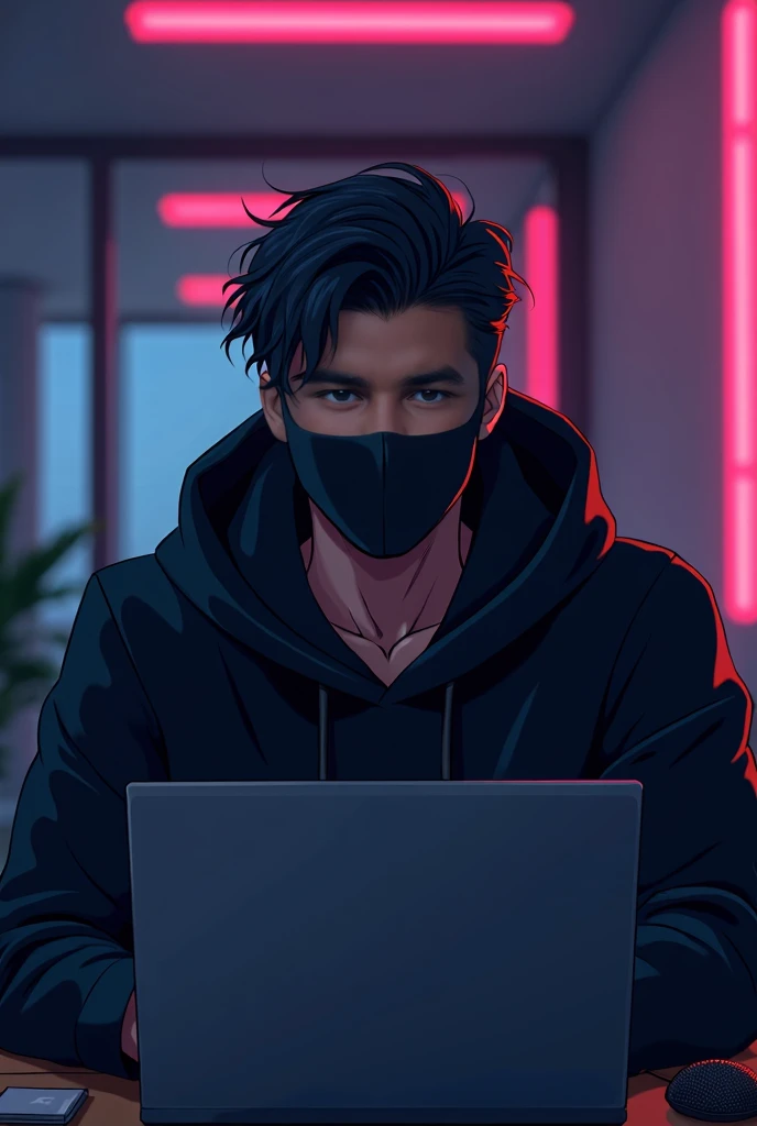 Create an anime-looking business male character who looks handsome and smart. He has a handsome face and is wearing a black mask and a black hoodie.. The character is sitting behind his laptop in his office, with arms on the table. It&#39;s night, and the ...